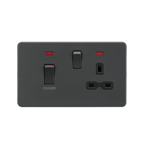 Screwless 45A DP switch and 13A switched socket with neons - matt black with black insert
