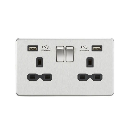13A 2G switched socket with dual USB charger A + A (2.4A) - Brushed chrome with black insert