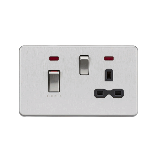 45A DP switch and 13A switched socket with neons - brushed chrome with black insert