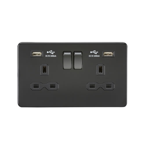 13A 2G switched socket with dual USB charger A + A (2.4A) - Matt black