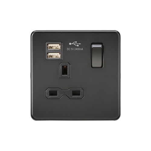 Screwless 13A 1G switched socket with dual USB charger (2.4A) - matt black