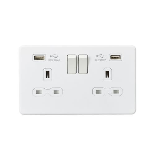 13A 2G switched socket with dual USB charger A + A (2.4A) - Matt white